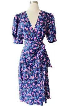 MARC JACOBS Silk Wrap Dress Half Puff Sleeves Belted Floral Blue Pink V-Neck 6