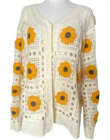 Everleigh Sunflower Crochet Knit Cardigan Sweater Ivory Yellow 1X NEW