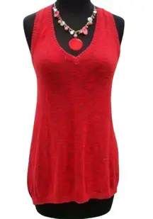 Cache Red Cut In Sleeve Top New Hi Low Front Back Metal Chain Stretch $88 NWT