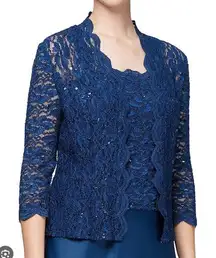 Alex Evenings Navy Blue Lace Sequin Open Front Bolero Jacket Women's Size 14