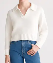 Quince 100% Organic Cotton Cropped Polo Sweater Ivory Size XS Preppy Knit Top