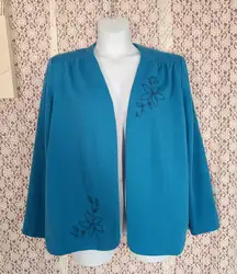 Lady Graff Vintage 90s  blue open front embroidered tight knit cardigan 
size xl