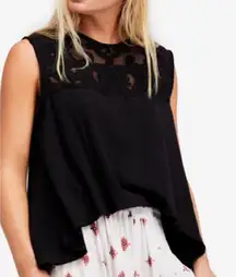 Free People Meant To Be Swing Tank Top XS Charcoal Lace Mesh Yoke‎ Sleeveless