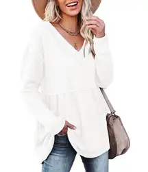 Waffle V Neck Tunic Peplum Flowy Swing Loose Long Sleeve Sweater White M