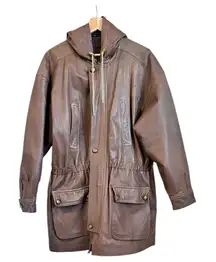 Vintage Coat Women Large Brown Leather Utility Chore Hood Patch Pocket western