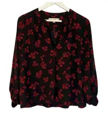 Loft Black and Red floral notch neck blouse small petite