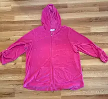 Quacker Factory 1X Pink Velour Zip Hoodie Rhinestone Cozy Loungewear‎ Y2K