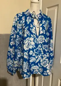 Zara Blouse Womens Large Blue White Floral Tie Neck Ruffle Collar Long Sleeve