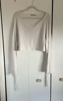 Zara white long sleeve tie off the shoulder crop sweater