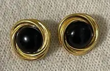 Vintage Crown  gold tone with black glass earrings signed