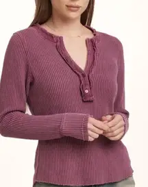 Dear John Plum Berry Waffle Knit Cotton Blend Raw Hem Henley Long Sleeve S