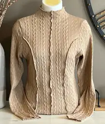 WILLOW ROOT Buckle Tan Long Sleeve Lettuce Edge Mock Neck Top Size Large NWT