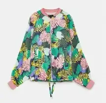 Zara Tropical Monstera Palm Leaves Elastic Trim Satin Bomber Jacket Pockets M