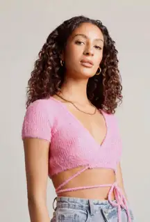 Boutique Pink Fuzzy Wrap Crop Top 