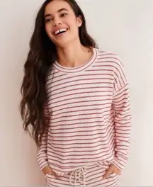Aerie Knit Top Ivory Red Stripe Long Sleeve Drop Shoulder Terry Oversized