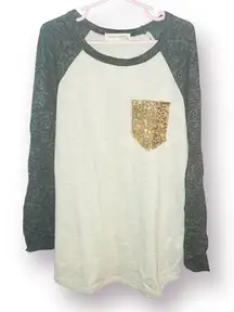 Twenty Second 22nd Long Sleeve Raglan Tee Gold Sequin Pocket Cream 10 / 11