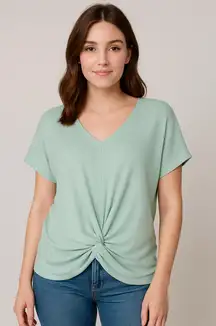 Marled Seafoam‎ Green V-Neck Twist Gathered Front Top Woman's Size Large