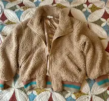 Promesa Tan Sherpa Teddy Bomber Jacket Size M Cozy Striped Cuff Teddy Coat