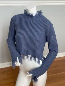 Love Tree Crop Sweater Smoky Blue Distressed Medium