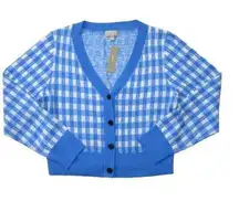 J.Crew NWT  Cashmere Crop V-neck Cardigan Sweater in Sail Blue Snow Gingham XXS