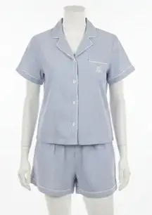 Lauren Ralph Lauren Pajama Set L Blue Pinstripe Shorts Button Down Cozy Sleep