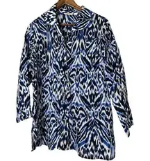 Chico's Blue White Pattern Linen Button Up Tunic Top Womens Sz M Beachy Coastal