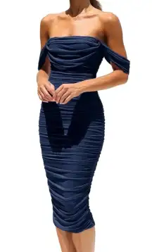 NWT PRETTYGARDEN Off The Shoulder Ruched Bodycon Dress Midi Dress Navy size XL