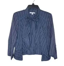 Cabi Womens Jacket Striped Cascade Cropped Ruffle Bow Tie Neck Open Front Medium