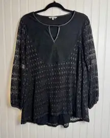 John Mark Black Long Sleeve Blouse Lace Keyhole J41