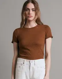 Rag & Bone Gemma Jacquard Scoop Neck Short Sleeve Top Lettuce Trim Small Brown