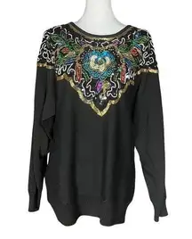 Vintage 80s Heavily Beaded Sequin Sweater. M/L. Black, Colorful, Gold Maximalism