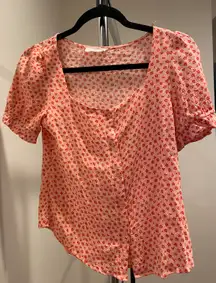 Pink And Red Flowers Short Sleeve Blouse 