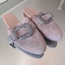 Free People Beige Champagne Suede Western Silver Buckle Slides