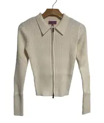 Edikted Ribbed Knit Cardigan Sweater Womens Size S Cream Collared Double Zip NEW