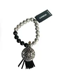 NWT Express Black & Silver Tone Stretchy Medallion Tassel Bracelet