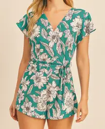 Japna Teal Floral V Neck Elastic Waist Short Sleeve Romper Jumpsuit M