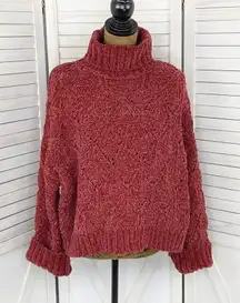POL Chenille Chunky Knit Turtleneck Crop Pullover Maroon Red Medium