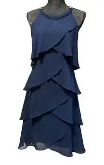 S L New York Navy Blue Chiffon Tiered Rhinestone Cocktail Dress Size 8