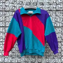 Vintage 80s Blast Teal Red Purple Color Block Henley Lightweight Sweatshirt PM