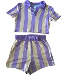 Shein Striped Short Sleeve Crop Top & Shorts Set - Purple & Beige XS‎