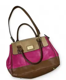 Tignanello Satchel Handbag Pink Brown Beige Colorblock Top Handle Shoulder Bag