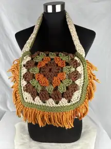 Vintage Handmade Crochet Granny Square Fold Over Shoulder Bag Purse Lined Fringe