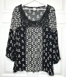 Bila Black White Floral Print Crochet Neck Tunic Top Blouse Plus Size XXL