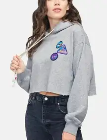 NWT Wildfox Cropped Hoodie Merit Badges‎ Harley Pullover Raw Hem Comfy Size XL