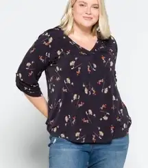 Stitch Fix Beacon Navy Blue Floral Print Tab Sleeve Stretchy Top Size 1X