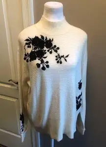 NWT Soft Ivory Sweater Black Rose Embroidery Pull On Large by Dex