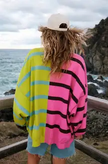 NWT Free People Uptown Stripe Pullover In Aurora Lime Combo $148 MSRP