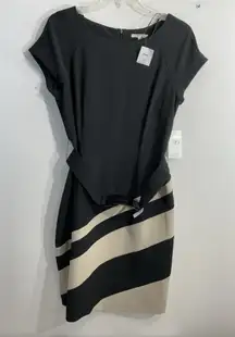 Womans Sandra Darren Fit & Flare Midi Dress 16 Black Beige Cap Sleeves Belt NWT