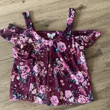 Wine Colored Floral Print Velour Cold Shoulder Top