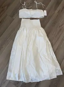 Commense Cotton White Shirred Waist Split Thigh Flowy Boho Skirt Set L